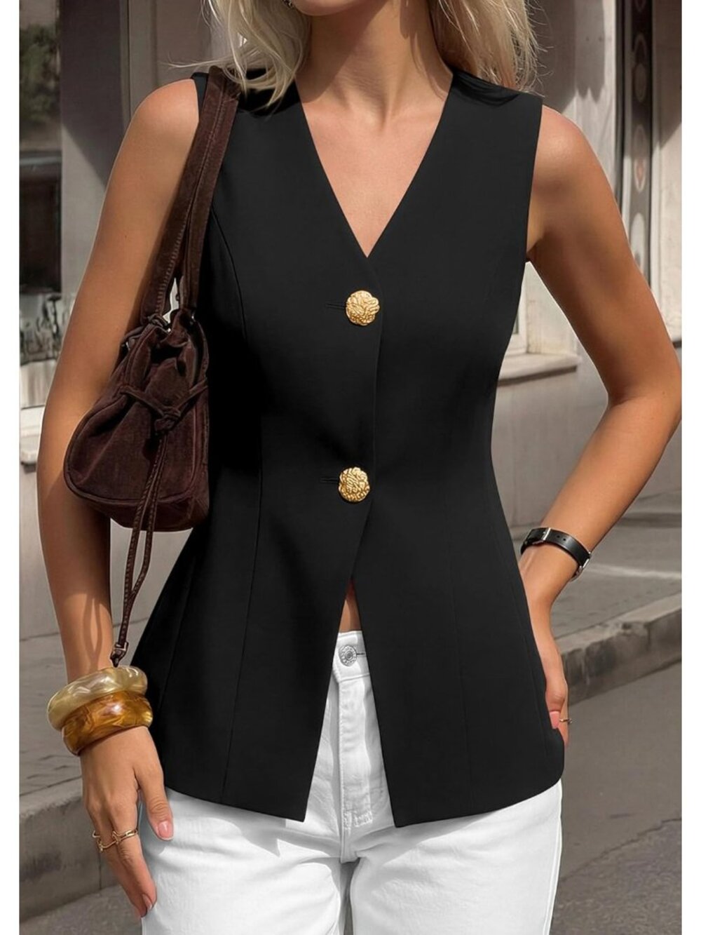 Women's Black Summer Sleeveless Blazer Vest Tops 2026 Trendy V Neck Button Down - Picture 2 of 6